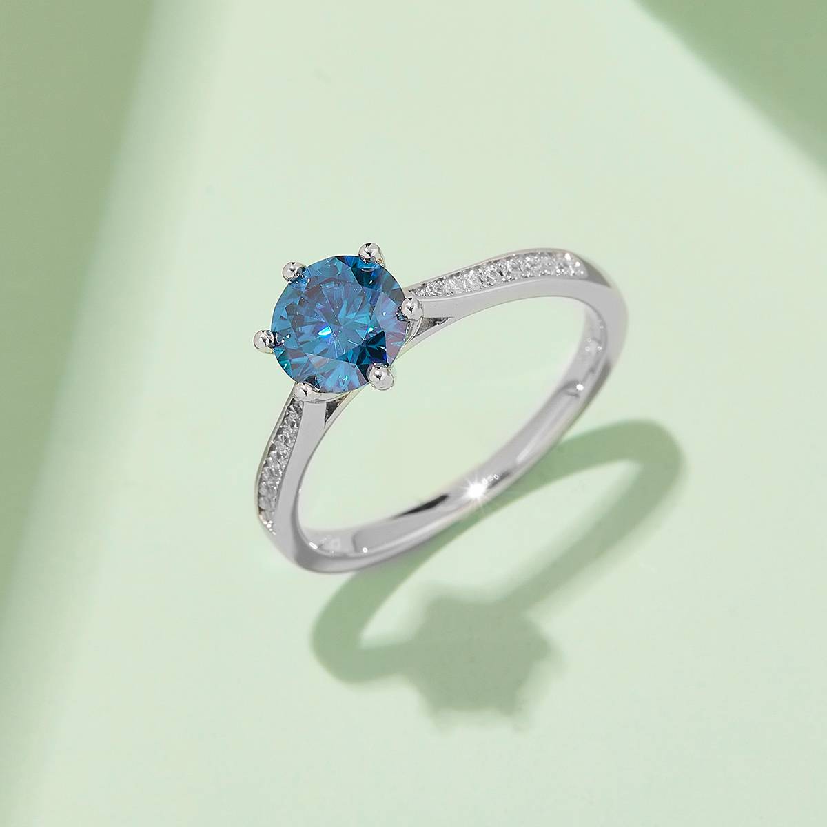 Straight arm micro inlaid six claw S925 silver plated platinum Moissanite women's ring 1 carat D-grade